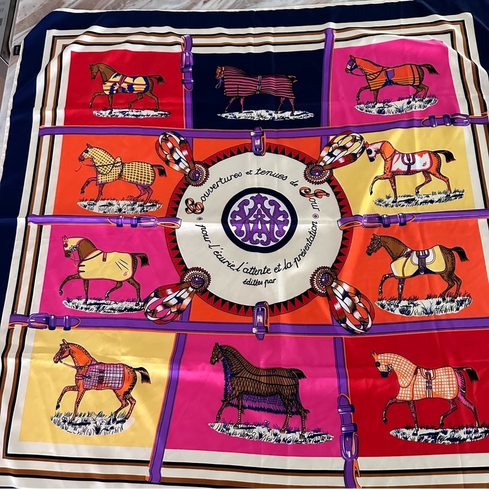 Equestrian 100% Silk Scarf  “Saratoga Rocks” 38”x 40” vibrant colors detailed‌‌